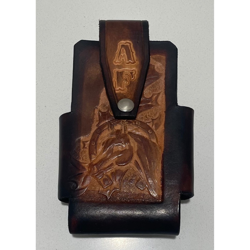 Hand Tooled Leather Horse Cell Phone Holster Belt Case Western AF Initials Brown